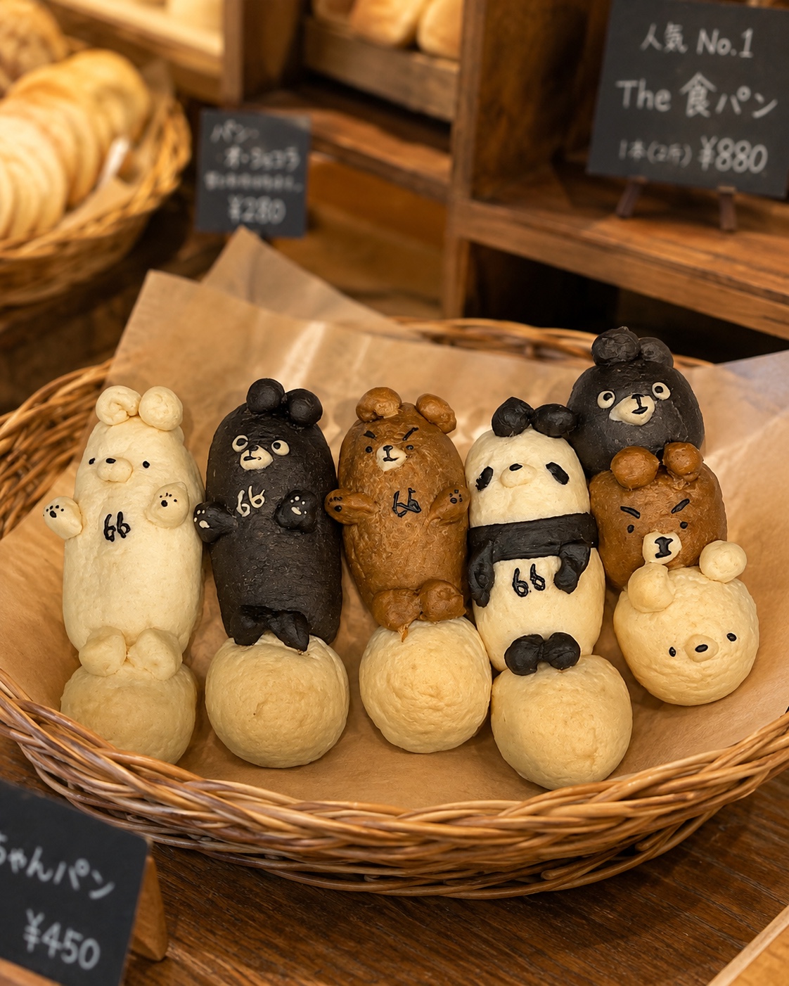 藤カゴに並んだ66 BAKEHOUSEのくまパン5個