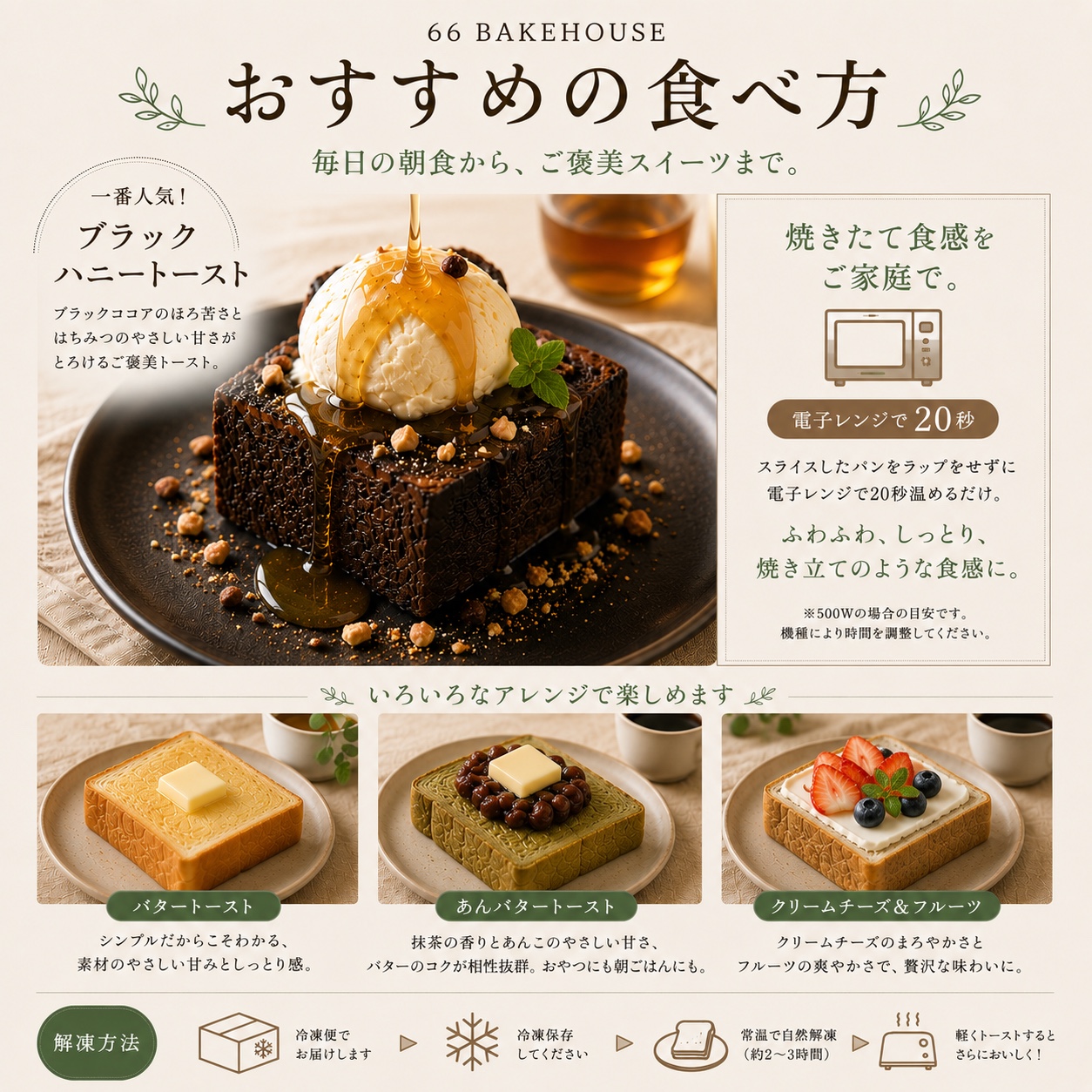 ブラックハニートースト、バタートースト、あんバタートースト、クリームチーズとフルーツのおすすめアレンジ